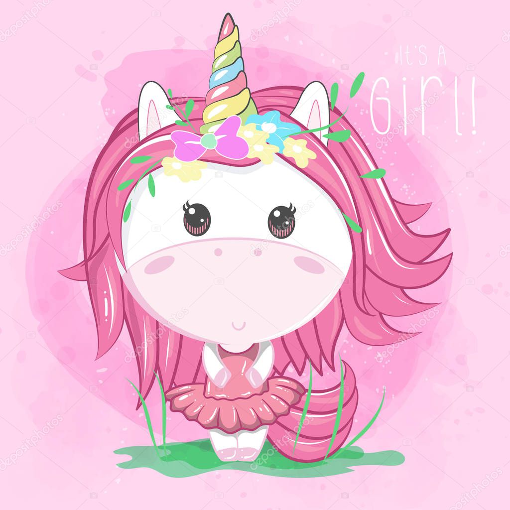 cute unicorn girl on pink background