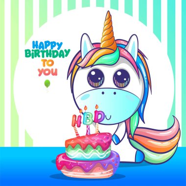 sevimli tek boynuzlu at ile doğum günü kartı