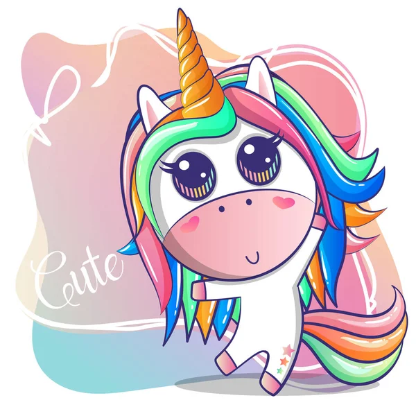 Lucu senang gadis unicorn kartun - Stok Vektor