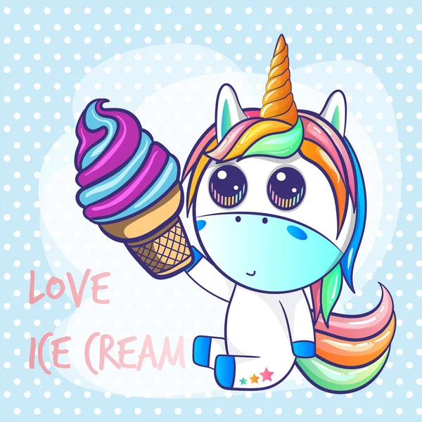 Unicorn lucu dengan kartu ucapan es krim - Stok Vektor