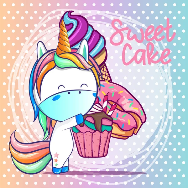 Licorne mignonne avec dessin animé gâteau sucré — Image vectorielle