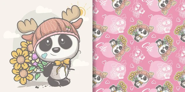 Tarjeta de felicitación lindo panda de dibujos animados con patrón sin costuras — Vector de stock