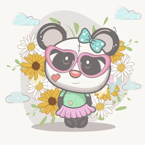 Mignon fille panda avec des fleurs — Image vectorielle