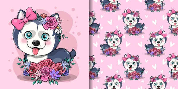Cute Cartoon Husky Puppy Flowers — Stock Vector