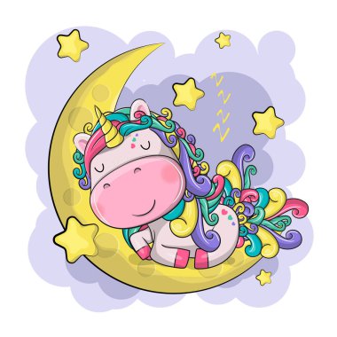 Ay ve yıldızlarla çizilmiş sevimli sihirli tek boynuzlu at.