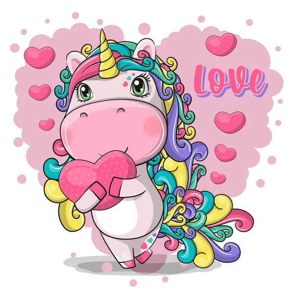 Main Dessinée Mignon Magique Licorne Avec Coeur — Image vectorielle