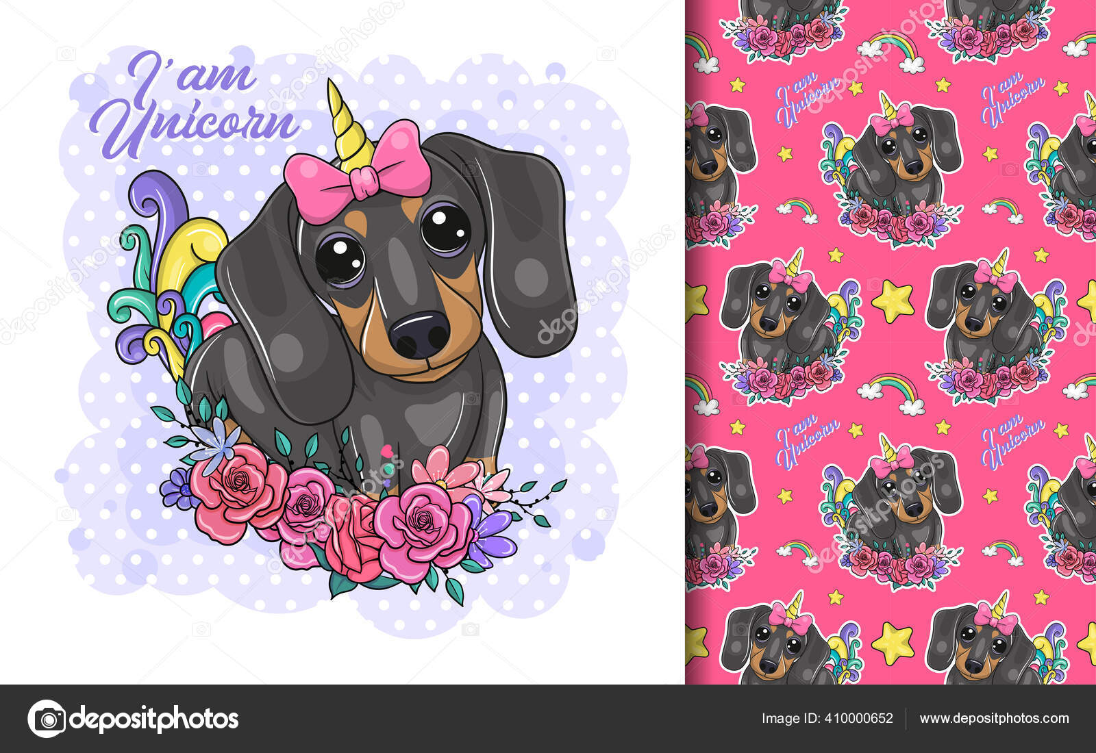 Cute Cartoon Dachshund Unicorn Custom Pattern Set Stock Vector Image by