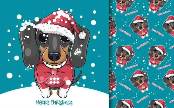 Cute Cartoon Dachshund Chirstmas Custom Pattern Set — Stock Vector