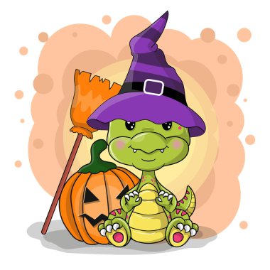 Beyaz arka planda şirin cadılar bayramı dinozoru.