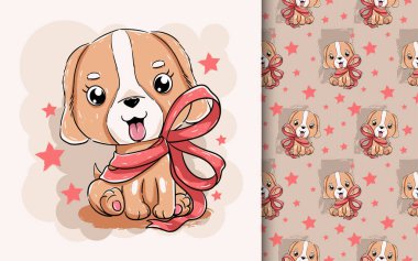 Kırmızı kurdeleli şirin bir köpek yavrusunun vektör çizimi.