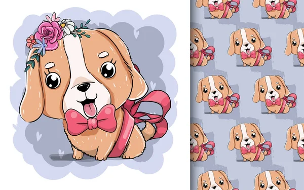 Vector Illustration Cute Puppy Red Ribbon — Stock Vector