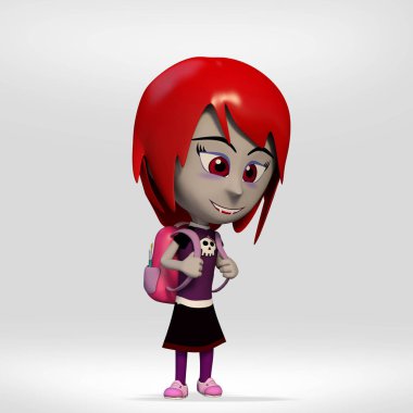 Cadılar Bayramı, öğrenci kız kostümlü vampir düşünüyorum. 3D çizgi film illüstrasyon