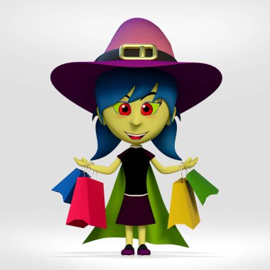 Cadılar Bayramı, cadı beyaz arka plan üzerinde alışveriş kız kostümlü. 3D çizgi film illüstrasyon