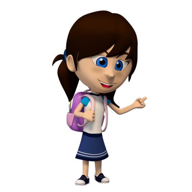 kız öğrenci ile gösteren sırt çantası. 3D çizgi film illüstrasyon