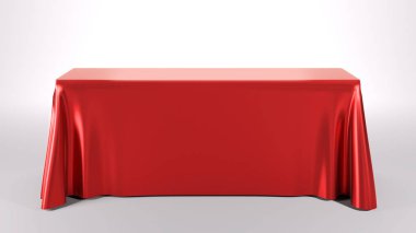 Ticaret Fuarı Fuar reklam tablo biçiminde. Dikdörtgen Masa örtüsü kırmızı. 3D render illüstrasyon.
