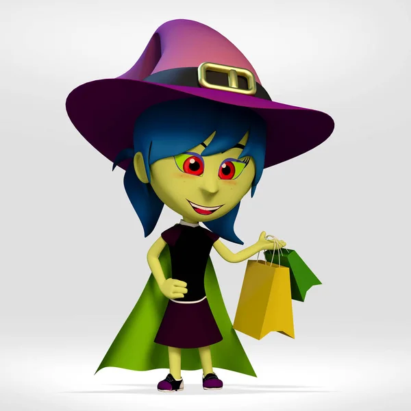 Halloween Dobových Kostýmech Dívka Čarodějnice Nakupování Bílém Pozadí Kreslený Obrázek — Stock fotografie