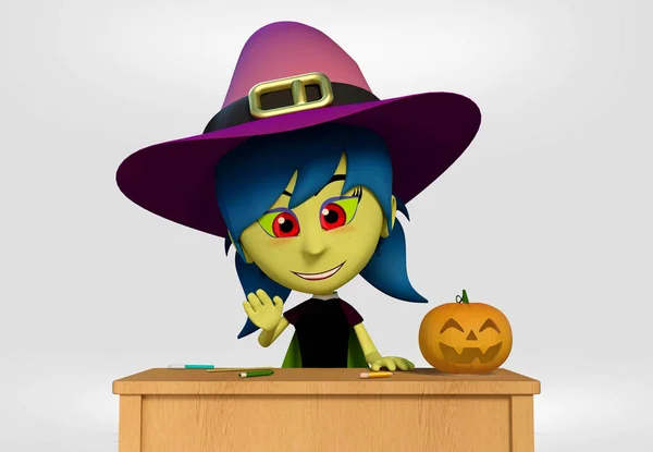 Halloween Girl Ubrany Jak Czarownica Wyświetlono Lanter Dyni Jack Ilustracja — Zdjęcie stockowe