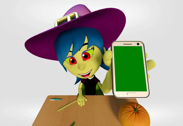 Halloween Garota Fantasiada Bruxa Mostrando Smartphone Kreslená Ilustrace — Stock fotografie