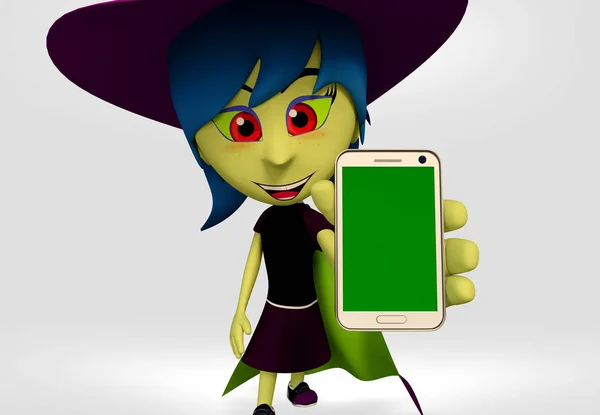 Halloween Garota Fantasiada Bruxa Mostrando Smartphone Ilustración Dibujos Animados — Foto de Stock