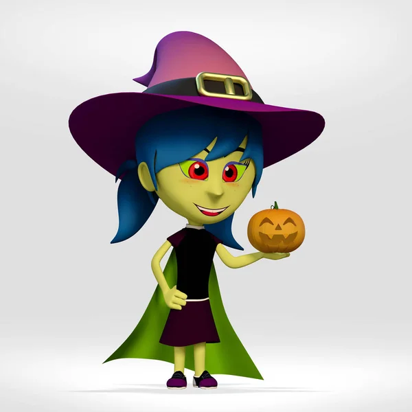 Halloween Girl Ubrany Jak Czarownica Wyświetlono Lanter Dyni Jack Ilustracja — Zdjęcie stockowe