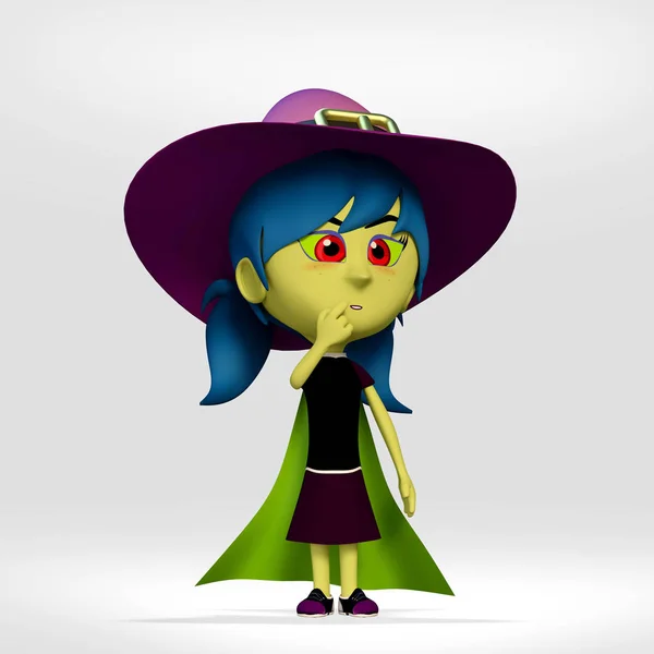 halloween, girl dressed in witch thinking on white background. 3d cartoon illustration