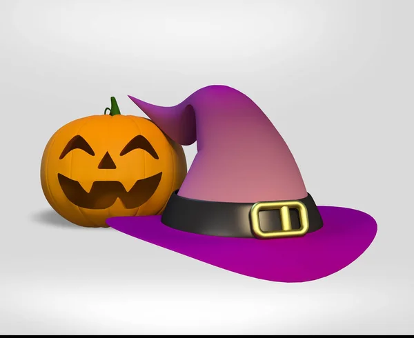 purple witch hat with black ribbon and buckle with pumpkin jack lantern on white background. 3d cartoon illustration