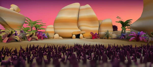 stone age prehistoric scenery 3d cartoon illustration