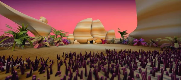 stone age prehistoric scenery 3d cartoon illustration