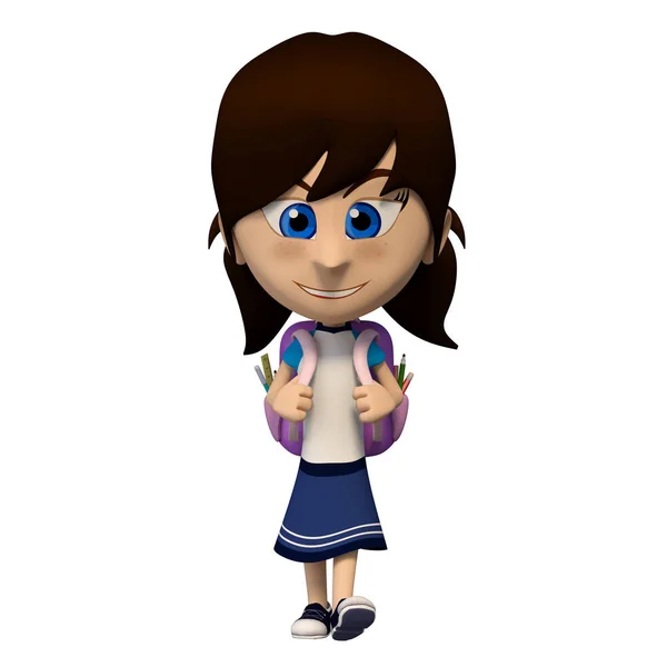 student girl with backpack walking. 3d cartoon illustration