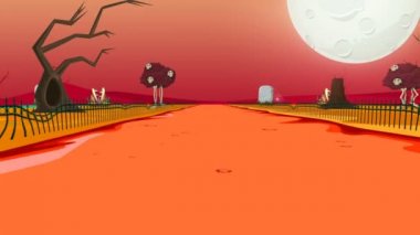 Cadılar Bayramı, kısayol veya yol orman, mezarlık, pumpkins, ürpertici ağaçlar ve dolunay gecesi perili ev. 2D çizim karikatür