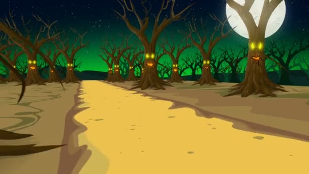 Halloween Shortcut Road Forest Scary Trees Full Moon Night Illustration — Stock Video