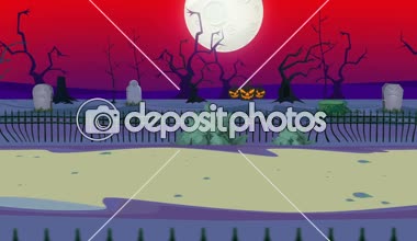 Cadılar Bayramı, mezarlık, pumpkins, dolunay gece korkunç ağaçlarda olan yol. 2D çizim karikatür