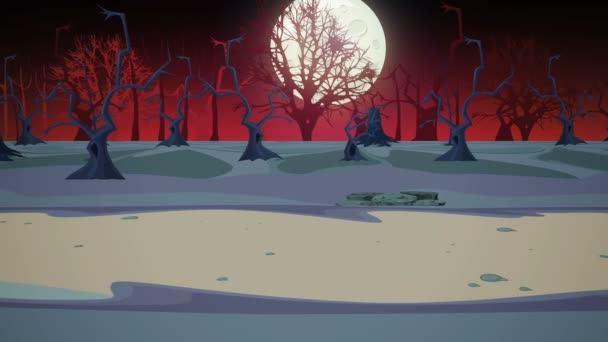 Halloween Atajo Camino Con Bosque Árboles Miedo Noche Luna Llena — Vídeo de stock