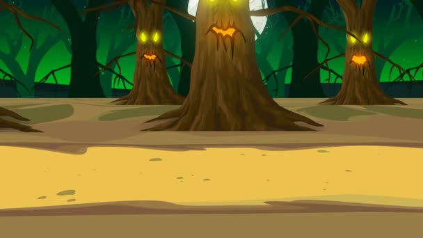Halloween, raccourci ou route avec forêt et arbres effrayants dans la nuit de pleine lune. Illustration 2D 