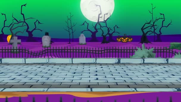 Halloween Straße Mit Friedhof Kürbisse Gruselige Bäume Vollmondnacht Illustration Karikatur — Stockvideo
