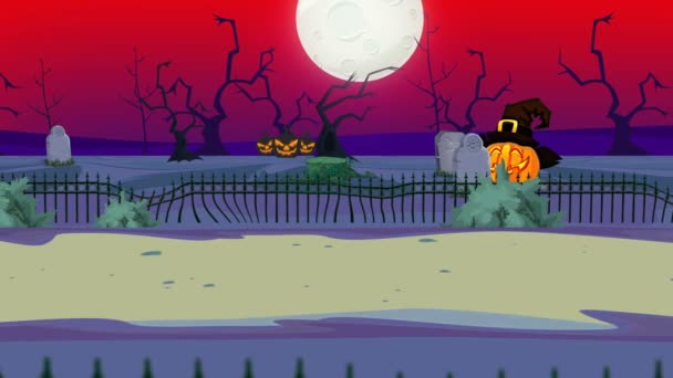 Halloween Wegnaar Begraafplaats Pompoenen Eng Bomen Nacht Van Volle Maan — Stockvideo
