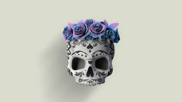 Crâne Mexicain Aux Roses Bleues Jour Fête Mexicaine Morte — Photo