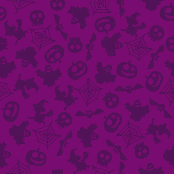 seamless purple background Halloween with skull, witch, web, pumpkin and bat.