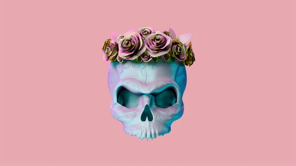 Металлический Мексиканский Череп Радужными Розами Розовом Фоне День Мертвых Мексиканских Лицензионные Стоковые Изображения