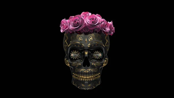 Металлический Мексиканский Череп Розами Черном Фоне День Мертвых Мексиканских Праздников Стоковое Фото