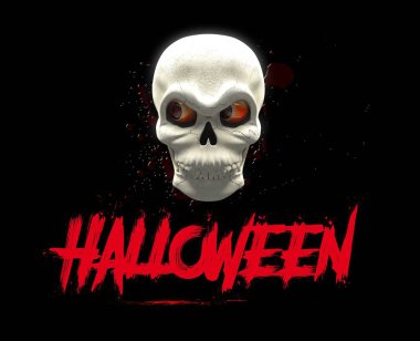 Cadılar Bayramı kanla yazılı 3d render afiş Cadılar Bayramı vampirler'ın kafatası.