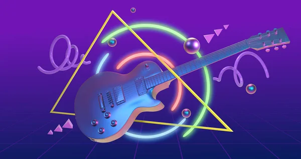 Guitarra Arte Retrowave Fondo Azul —  Fotos de Stock