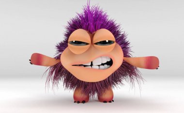 Ams açık, mor saçlı ve siyah gözlü Kızgın Kawaii canavar