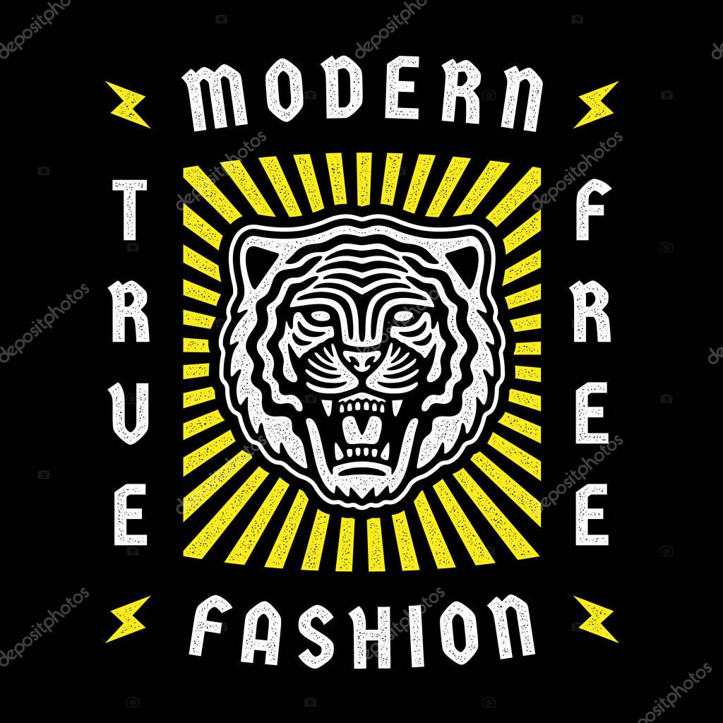 Roaring tiger poster. Modern emblem.  Vintage tiger head. Retro design. Modern fashion.