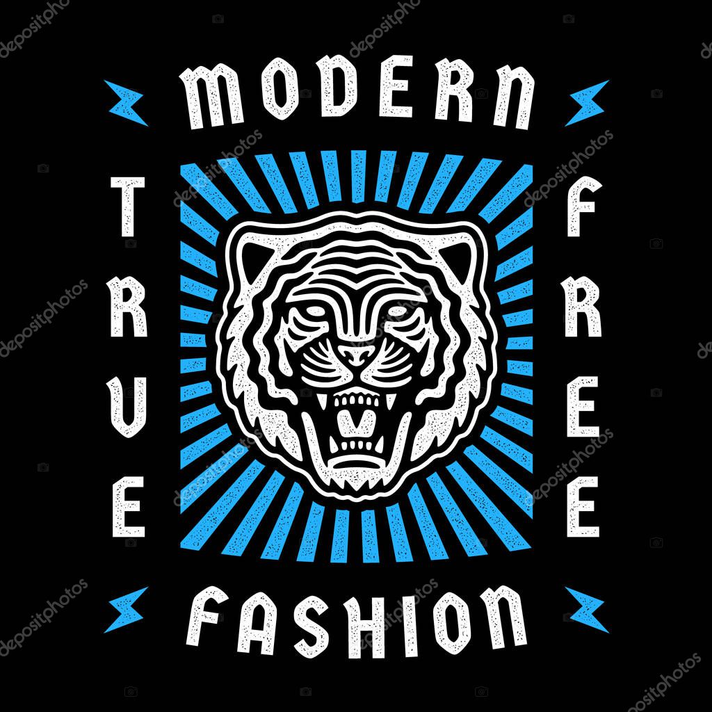Roaring tiger poster. Modern emblem.  Vintage tiger head. Retro design. Modern fashion.