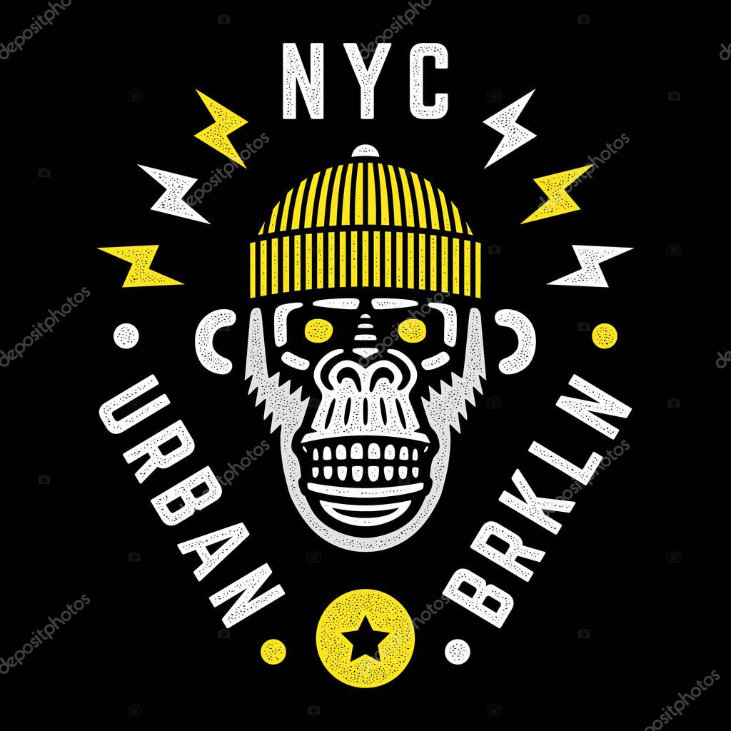 Vector monkey head. Retro wild hipster. Angry chimp with hat. NYC. Urban. Brooklyn. New York City.