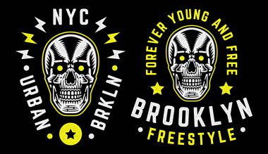 Klasik beyaz kafatası. Tişört için retro baskı. Brooklyn modern moda.