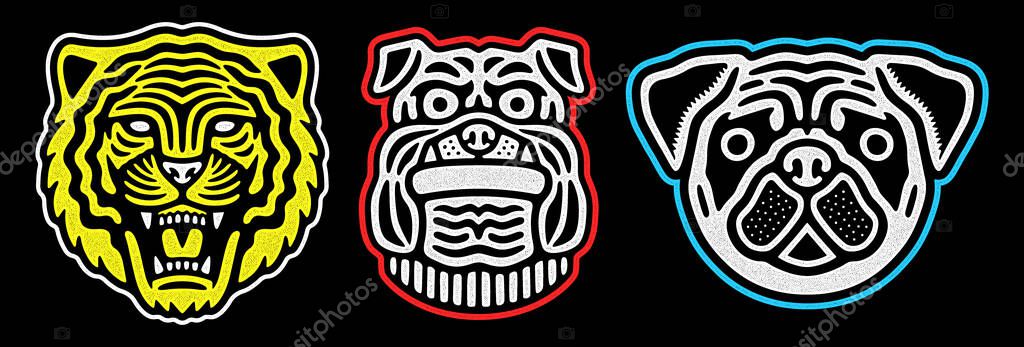 Set of retro animal faces. Vintage tiger, pug, bulldog design. Retro logo. Roaring tiger.