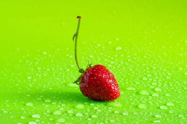 Красная сладкая спелая клубника на зеленом матовом фоне с капельками воды — стоковое фото