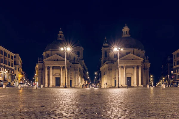 Piazza del Popolo (People Square after the church of Santa Maria del Popolo) is one of the most famous squares in Rome. The square with the double churches is illuminated at night